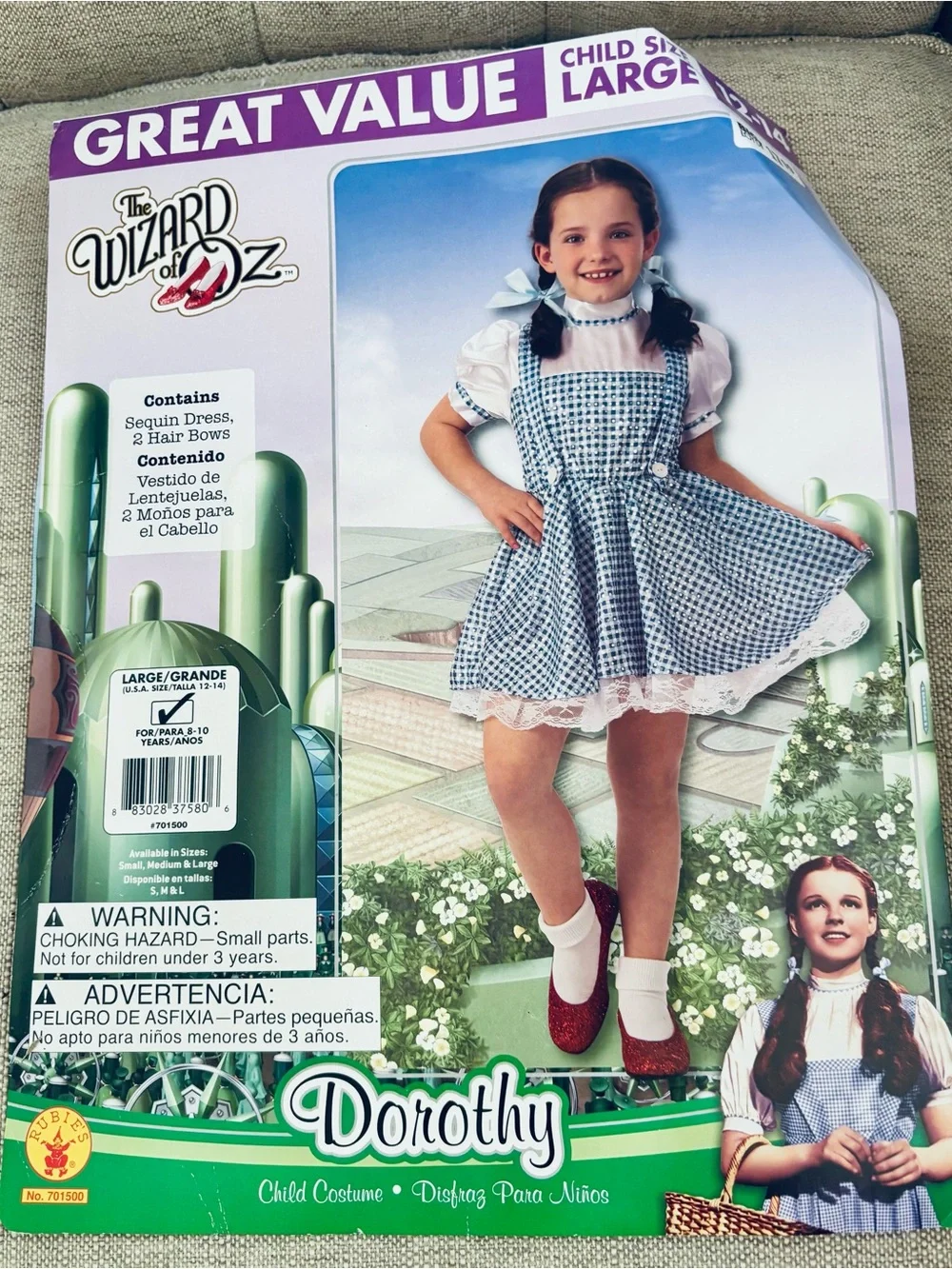 Wizard of Oz Blue Gingham Girls' Pinafore Costume with White Puff Sleeve Blouse